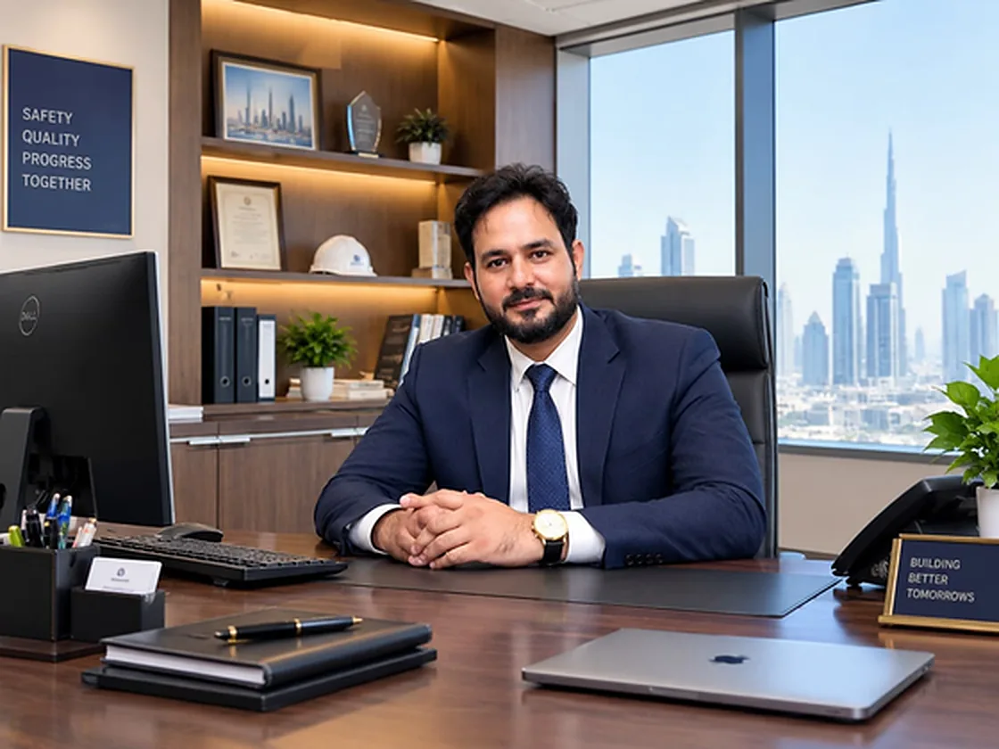 Shakar Ilyas Mirza Muhammad Ilyas, CEO of Royal Builders Technical Services, seated at his office desk