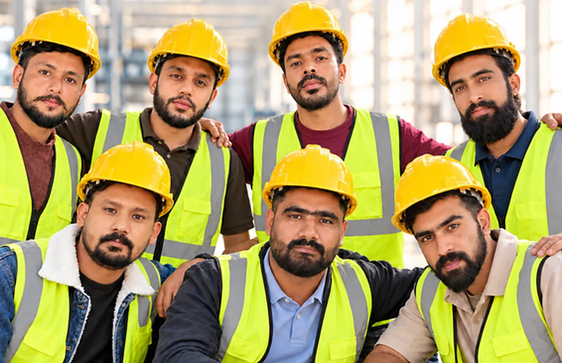 Members of the Royal Builders team in yellow hard hats and high-visibility vests
