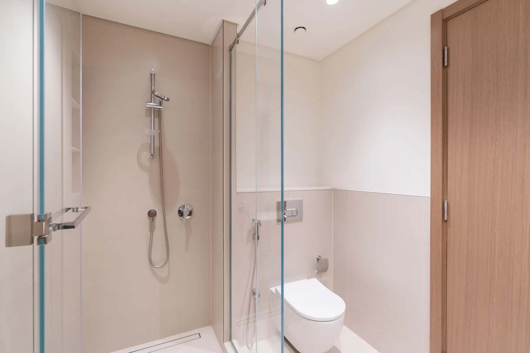 Shower with frameless glass enclosure and wall-hung toilet